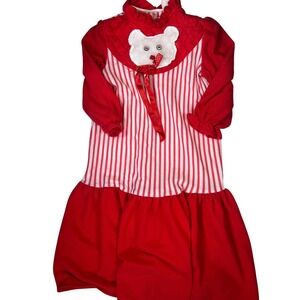 Vintage Red White Striped Bear Applique Fleece Dress 3T Long Sleeve Quilted Bib